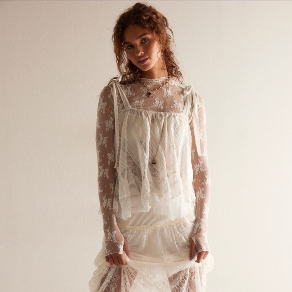 Tops Mesh w/ Lace Long Sleeve Mock Neck Sexy w/ Thumb Hole~  White or Cream - Picture 12 of 16